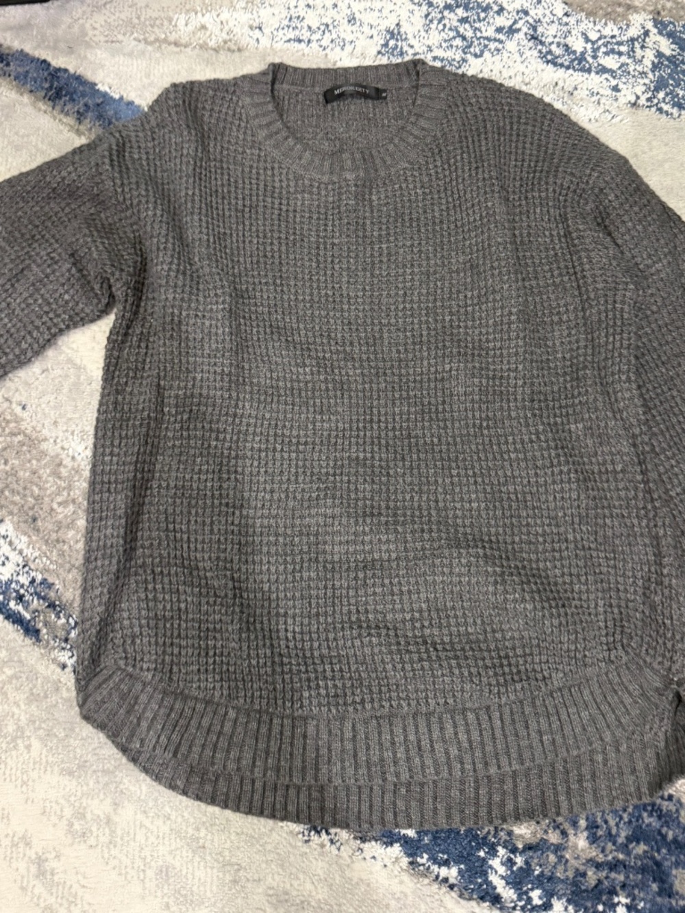 MEROKEETY Gray Waffle Knit Sweater Women's XL High-Low Crewneck